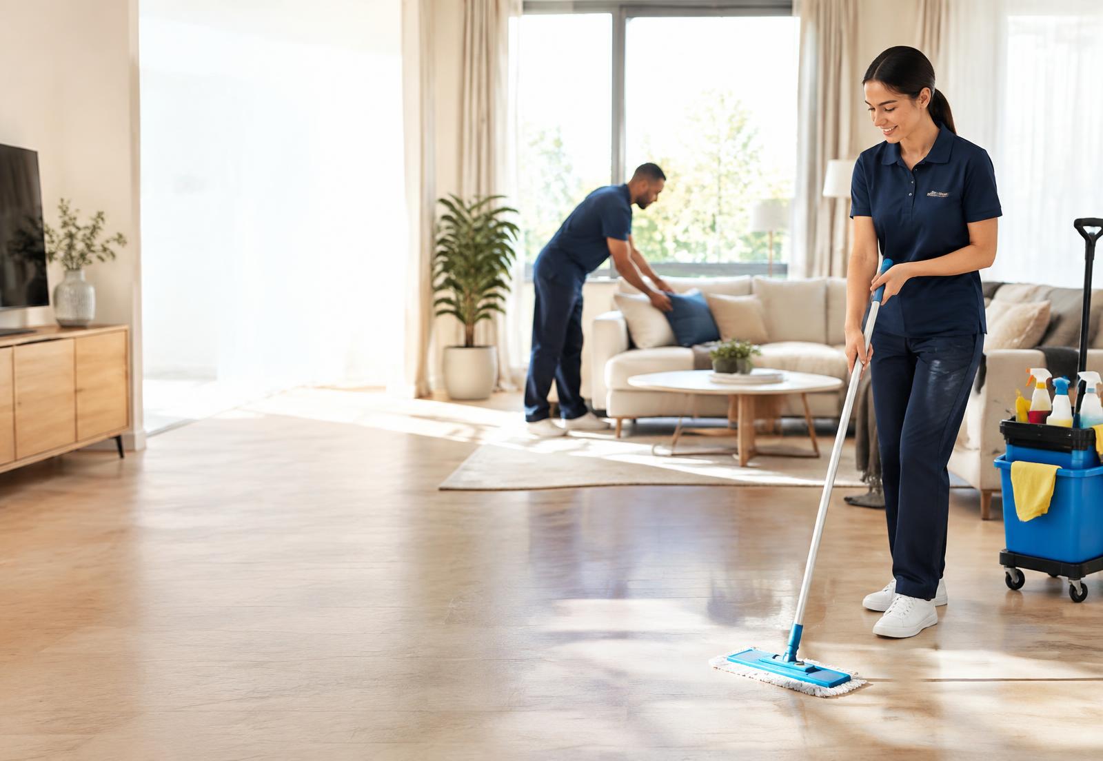 Équipe de nettoyage professionnel Clario entretenant le plancher d'une maison